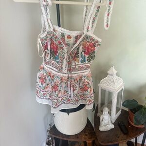 FARM Rio Red and Pink Camisole Top Tie Front Embellished